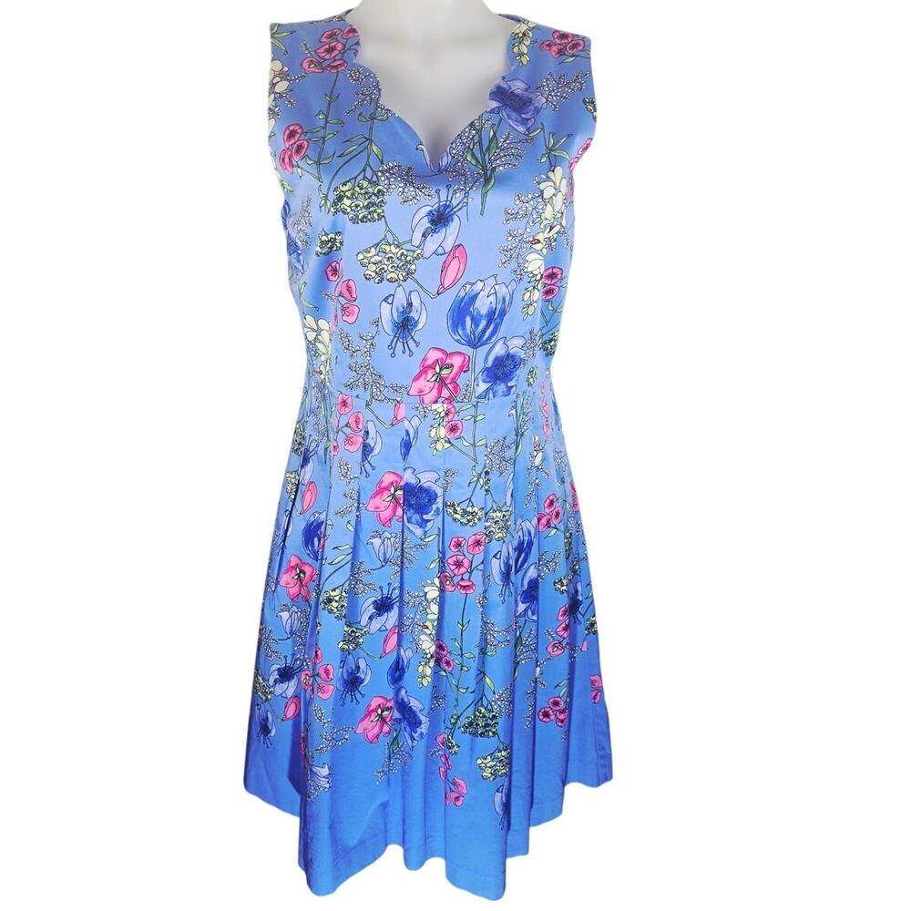 Talbots Blue Floral Sleeveless Lined Side Pockets Women's Dress 10P
